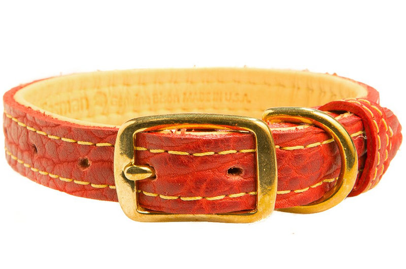 Tucson Bison and Elk Leather Dog Collar Red/Gold